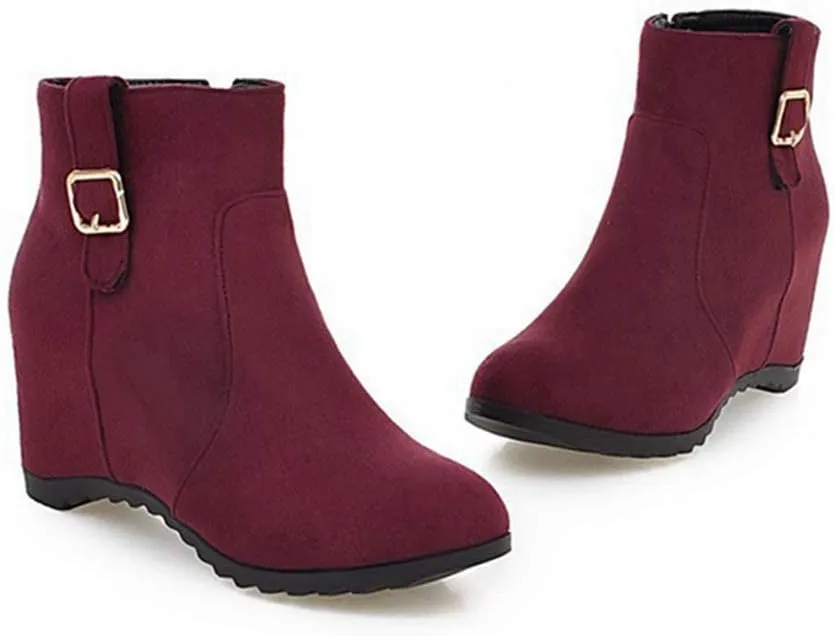 VOKLIN Women's Winter Wedge Dressy Ankle Boots Suede Round Toe Zipper Comfy Chunky Hidden Heel Short Booties