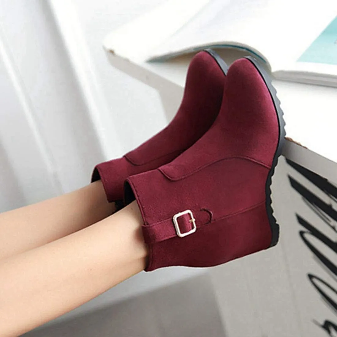 VOKLIN Women's Winter Wedge Dressy Ankle Boots Suede Round Toe Zipper Comfy Chunky Hidden Heel Short Booties
