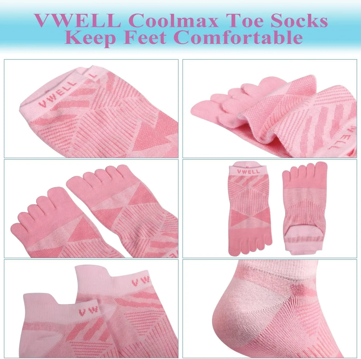 VWELL Toe Socks for Men Women COOLMAX Five Finger Socks Athletic Running Ankle Low Cut 5 Toe Socks Lightweight (3Pairs)