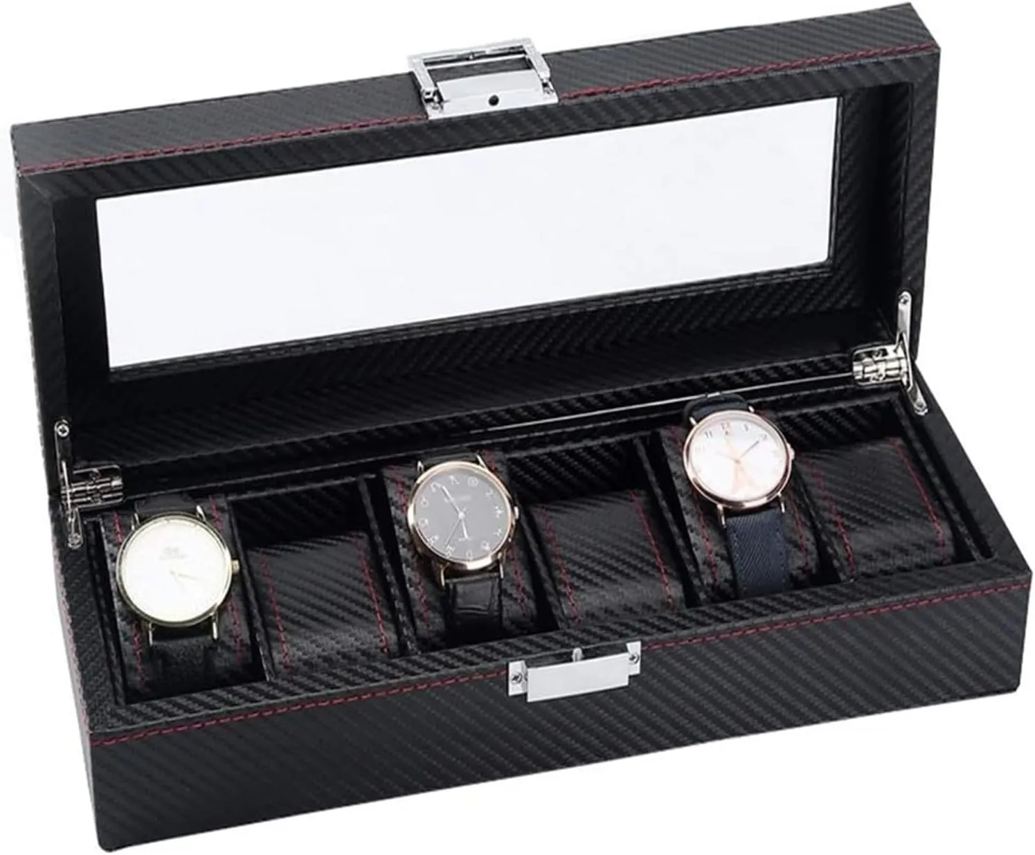 Watch Case,(6 Slots) Elegant Large Watch Box Organizer for Men Women, Transparent top, Portable Leather Watch Holder Mens Watches Case Storage Best for The Husband,