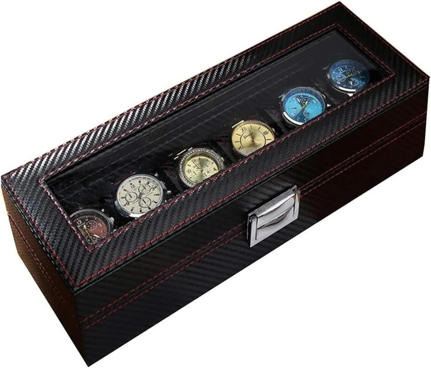 Watch Case,(6 Slots) Elegant Large Watch Box Organizer for Men Women, Transparent top, Portable Leather Watch Holder Mens Watches Case Storage Best for The Husband,