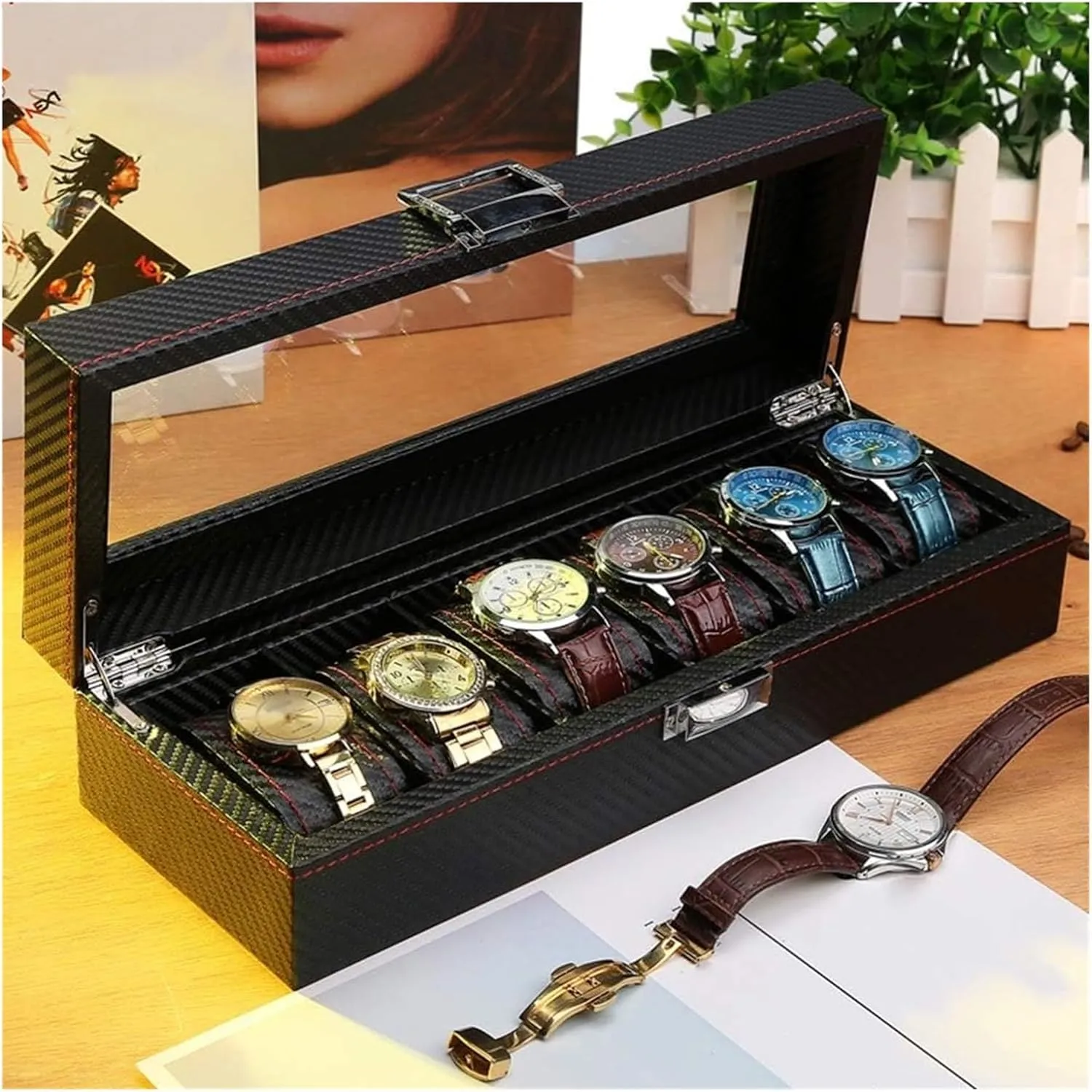 Watch Case,(6 Slots) Elegant Large Watch Box Organizer for Men Women, Transparent top, Portable Leather Watch Holder Mens Watches Case Storage Best for The Husband,