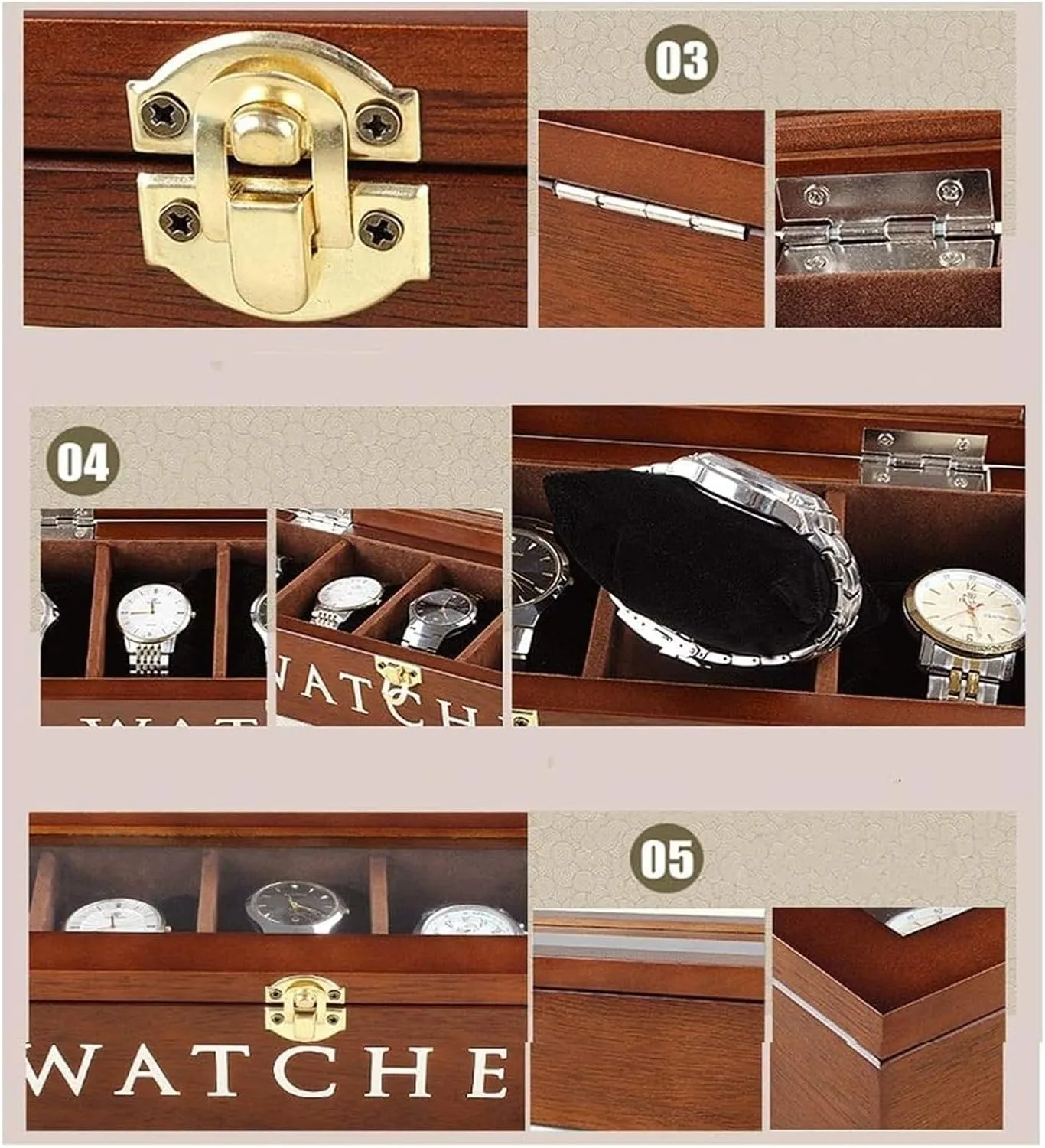 Watch Case,Elegant Wooden Watch Box Organizer for Men Women with 6 Slots, Transparent top, Portable Watch Holder Mens Watches Case Storage Best for The Husband,