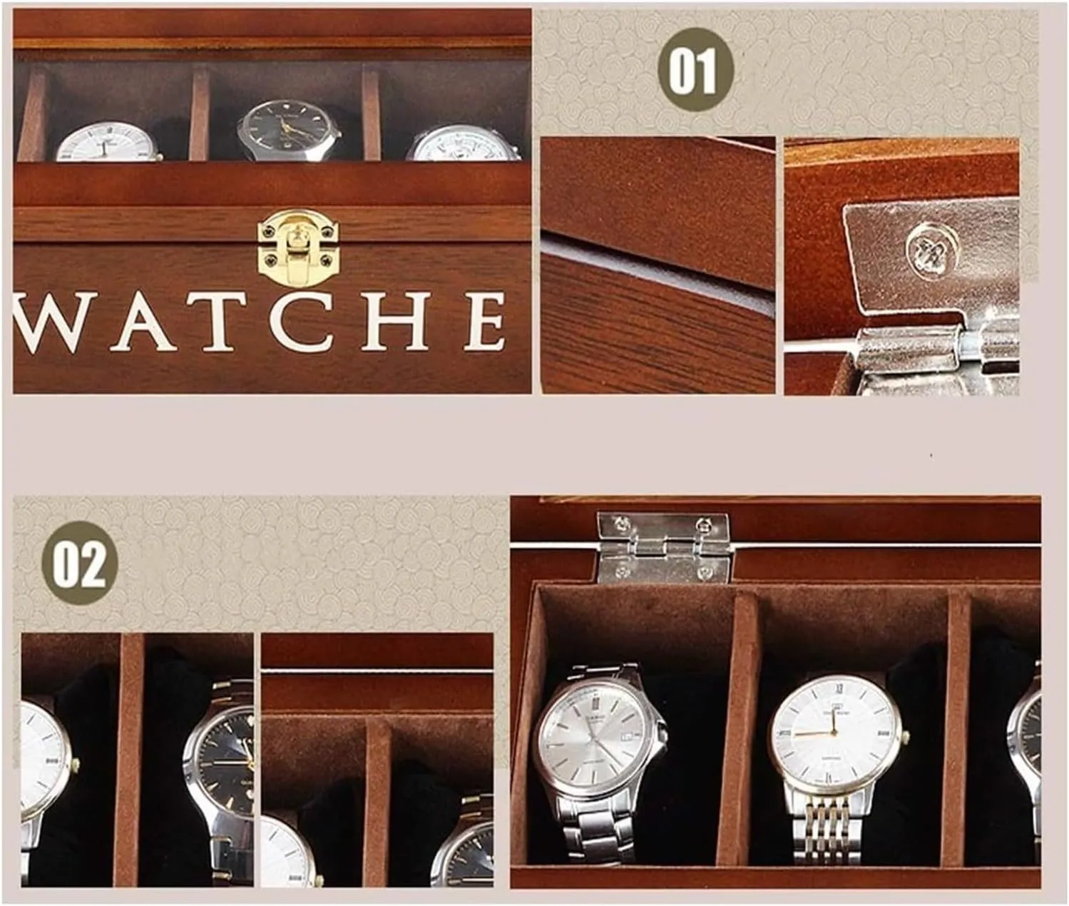 Watch Case,Elegant Wooden Watch Box Organizer for Men Women with 6 Slots, Transparent top, Portable Watch Holder Mens Watches Case Storage Best for The Husband,