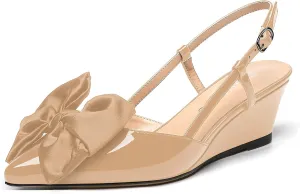 WAYDERNS Womens Buckle Party Pointed Toe Slingback Bow Fashion Patent Wedge High Heel Pumps Shoes 2 Inch