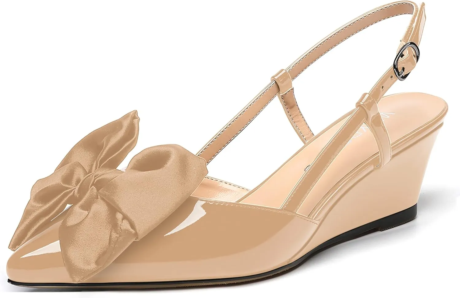 WAYDERNS Womens Buckle Party Pointed Toe Slingback Bow Fashion Patent Wedge High Heel Pumps Shoes 2 Inch