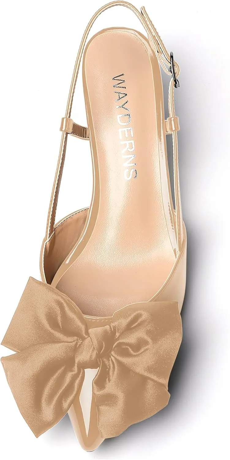 WAYDERNS Womens Buckle Party Pointed Toe Slingback Bow Fashion Patent Wedge High Heel Pumps Shoes 2 Inch