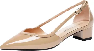 WAYDERNS Womens Pointed Toe Buckle Patent Adjustable Strap Sexy Party Chunky Low Heel Pumps Shoes 1.5 Inch