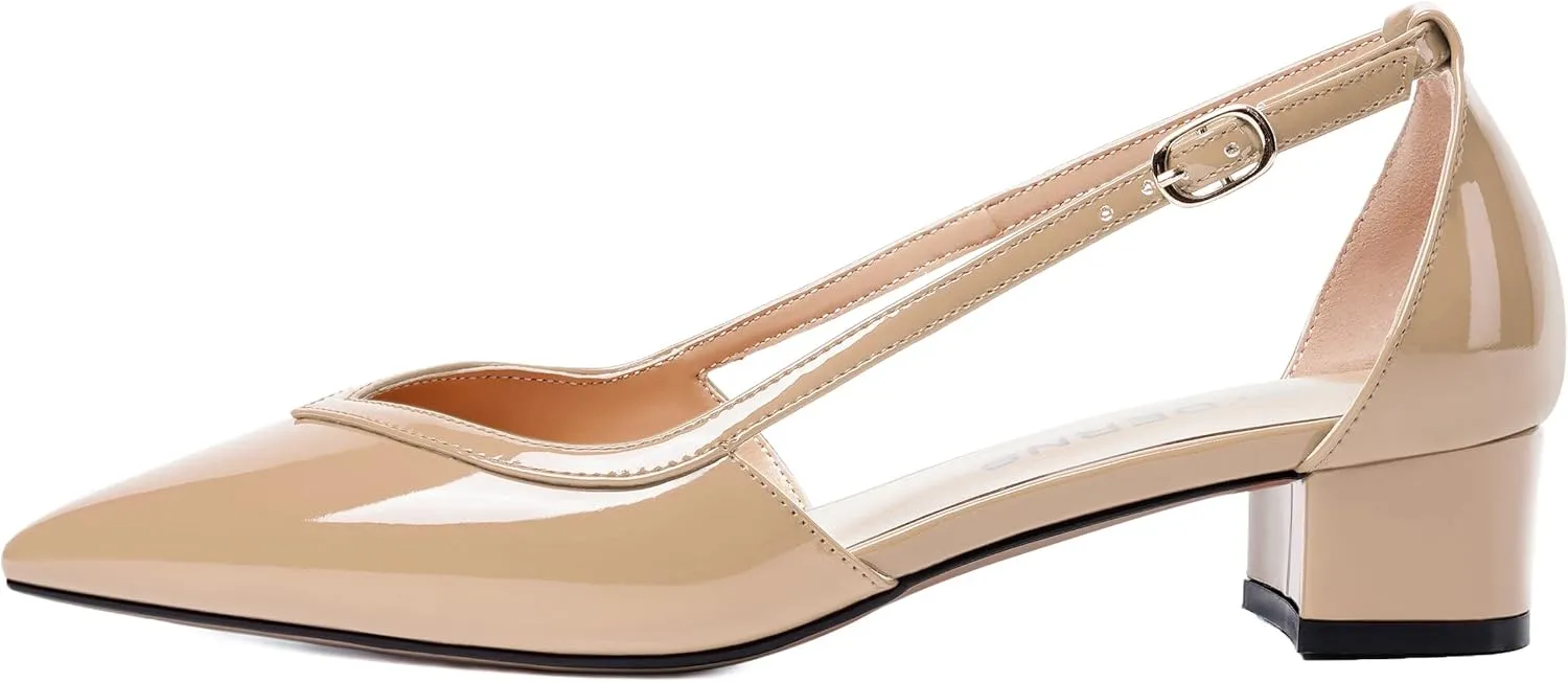 WAYDERNS Womens Pointed Toe Buckle Patent Adjustable Strap Sexy Party Chunky Low Heel Pumps Shoes 1.5 Inch