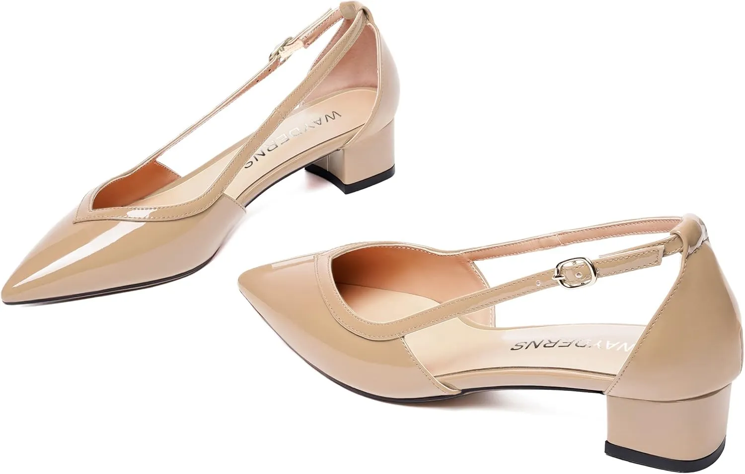 WAYDERNS Womens Pointed Toe Buckle Patent Adjustable Strap Sexy Party Chunky Low Heel Pumps Shoes 1.5 Inch