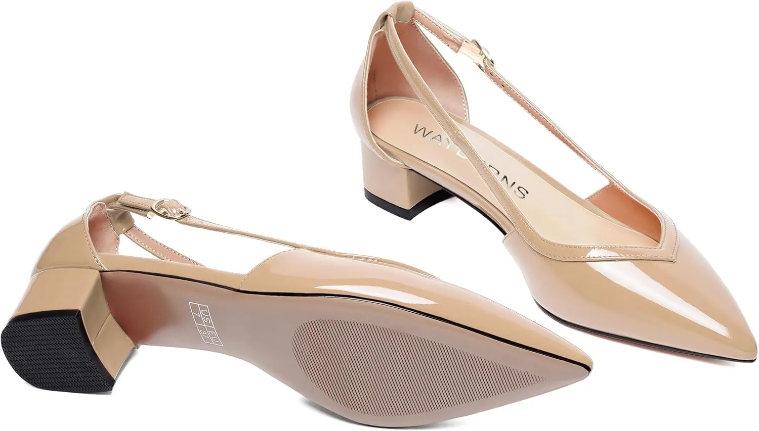 WAYDERNS Womens Pointed Toe Buckle Patent Adjustable Strap Sexy Party Chunky Low Heel Pumps Shoes 1.5 Inch