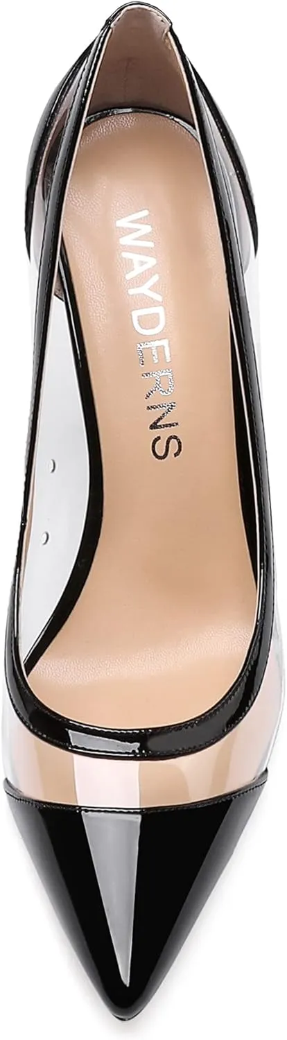 WAYDERNS Women's Pointed Toe Clear Patent Leather Transparent Slip On Stiletto High Heel Pumps Shoes 4 Inch