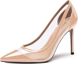 WAYDERNS Women's Pointed Toe Clear Patent Leather Transparent Slip On Stiletto High Heel Pumps Shoes 4 Inch