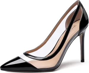 WAYDERNS Women's Pointed Toe Clear Patent Leather Transparent Slip On Stiletto High Heel Pumps Shoes 4 Inch