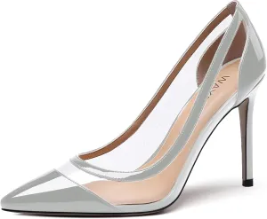 WAYDERNS Women's Pointed Toe Clear Patent Leather Transparent Slip On Stiletto High Heel Pumps Shoes 4 Inch