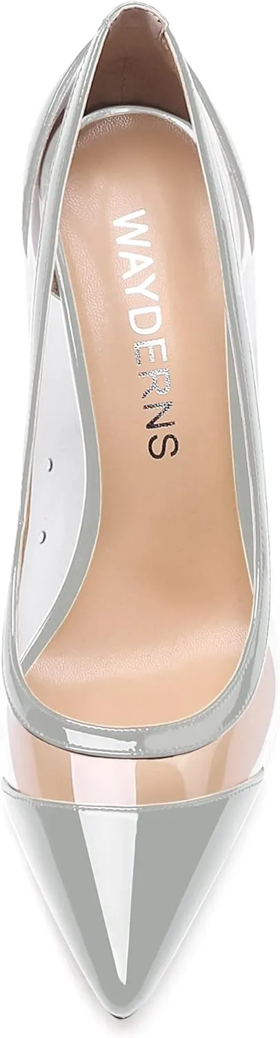 WAYDERNS Women's Pointed Toe Clear Patent Leather Transparent Slip On Stiletto High Heel Pumps Shoes 4 Inch