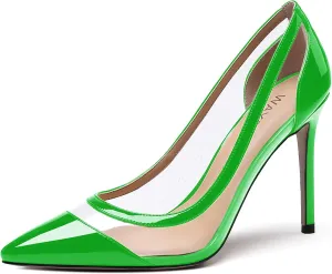 WAYDERNS Women's Pointed Toe Clear Patent Leather Transparent Slip On Stiletto High Heel Pumps Shoes 4 Inch
