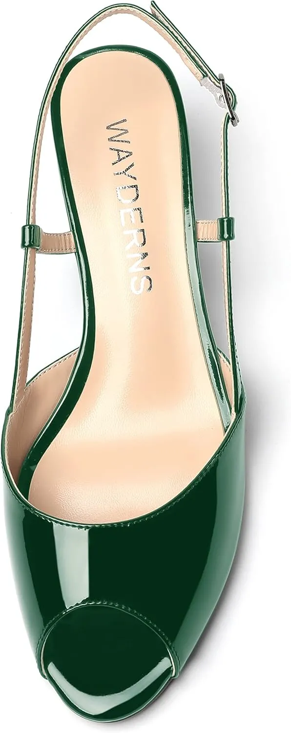 WAYDERNS Women's Slingback Patent Peep Toe Sandals Ankle Strap Wedge Low Heel Pumps Cute Dress Shoes 2 Inch