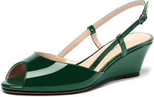 WAYDERNS Women's Slingback Patent Peep Toe Sandals Ankle Strap Wedge Low Heel Pumps Cute Dress Shoes 2 Inch