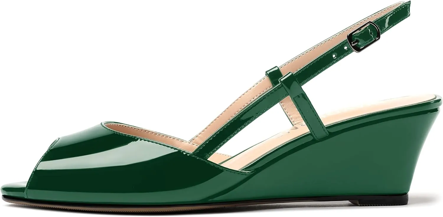 WAYDERNS Women's Slingback Patent Peep Toe Sandals Ankle Strap Wedge Low Heel Pumps Cute Dress Shoes 2 Inch