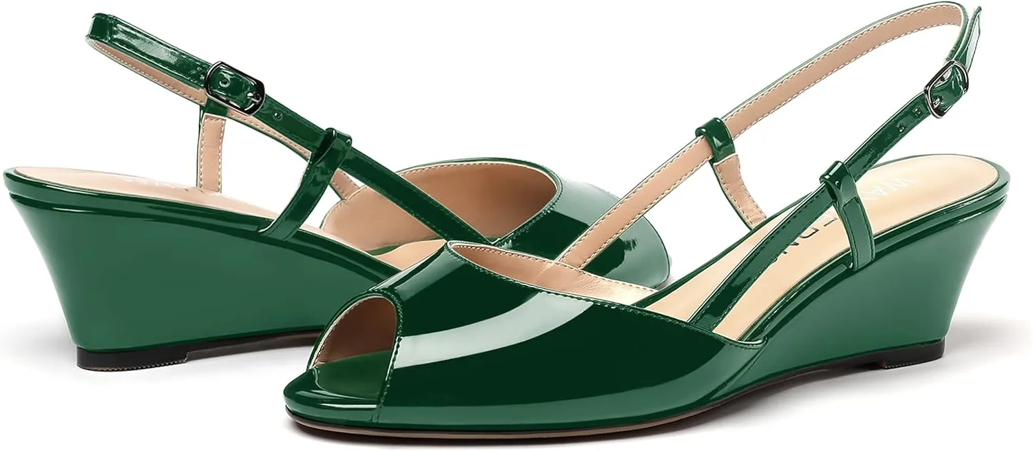 WAYDERNS Women's Slingback Patent Peep Toe Sandals Ankle Strap Wedge Low Heel Pumps Cute Dress Shoes 2 Inch