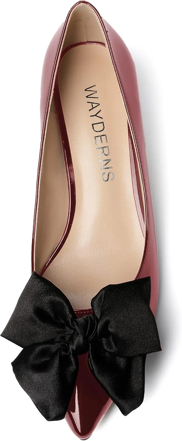 WAYDERNS Women's Slip On Patent Pointed Toe Bow Decoration Kitten Low Heel Pumps Shoes 1.5 Inch