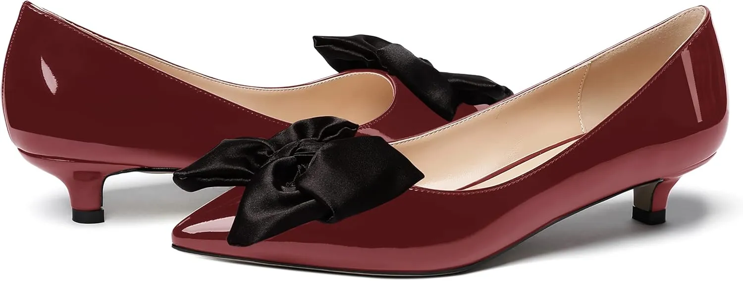 WAYDERNS Women's Slip On Patent Pointed Toe Bow Decoration Kitten Low Heel Pumps Shoes 1.5 Inch