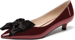 WAYDERNS Women's Slip On Patent Pointed Toe Bow Decoration Kitten Low Heel Pumps Shoes 1.5 Inch