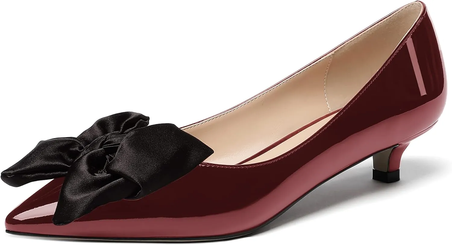 WAYDERNS Women's Slip On Patent Pointed Toe Bow Decoration Kitten Low Heel Pumps Shoes 1.5 Inch
