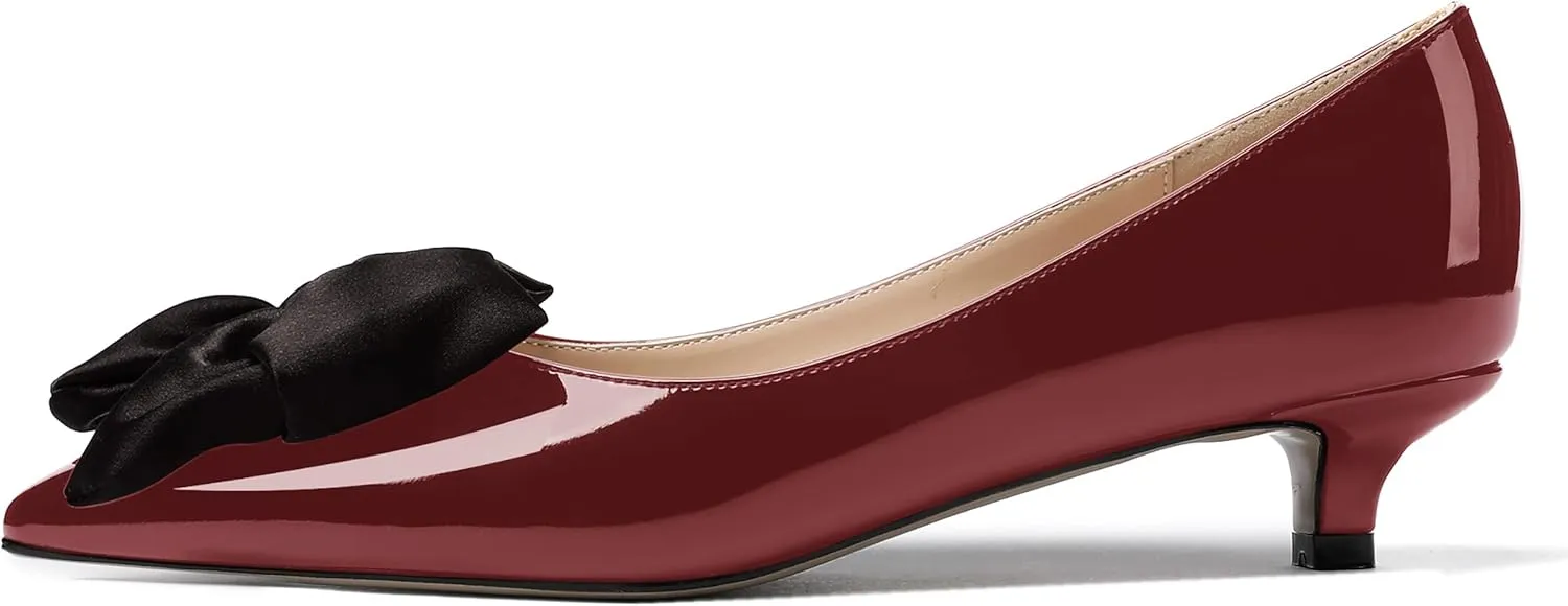 WAYDERNS Women's Slip On Patent Pointed Toe Bow Decoration Kitten Low Heel Pumps Shoes 1.5 Inch