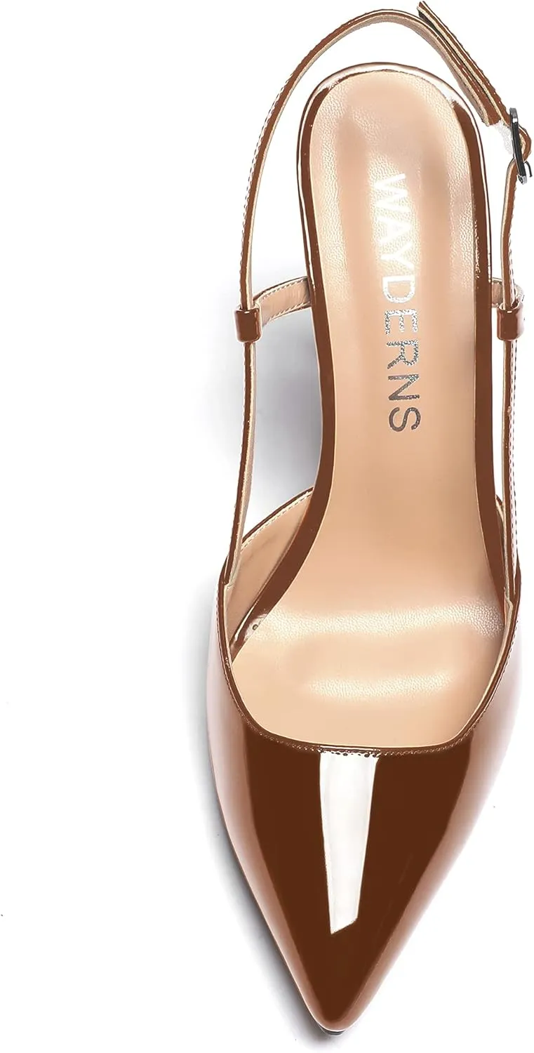 WAYDERNS Women's Solid Pointed Toe Buckle Slingback Ankle Strap Patent Leather Stiletto High Heel Pumps Shoes 3.5 Inch