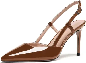WAYDERNS Women's Solid Pointed Toe Buckle Slingback Ankle Strap Patent Leather Stiletto High Heel Pumps Shoes 3.5 Inch
