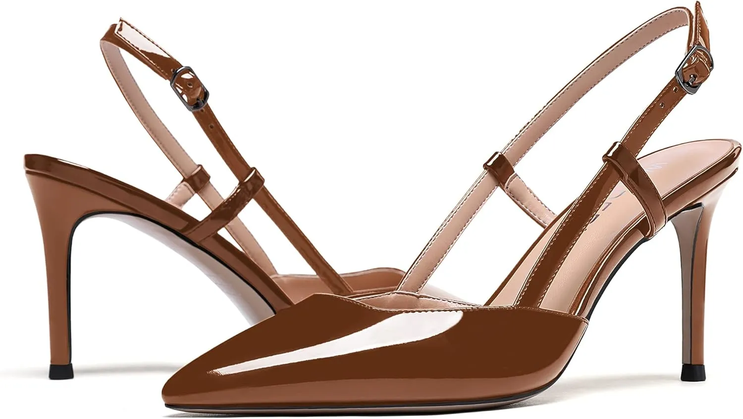 WAYDERNS Women's Solid Pointed Toe Buckle Slingback Ankle Strap Patent Leather Stiletto High Heel Pumps Shoes 3.5 Inch