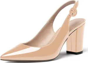 WAYDERNS Women's Thick Patent Solid Pointed Toe Slingback Buckle Ankle Strap Block High Heel Pumps Shoes 3 Inch