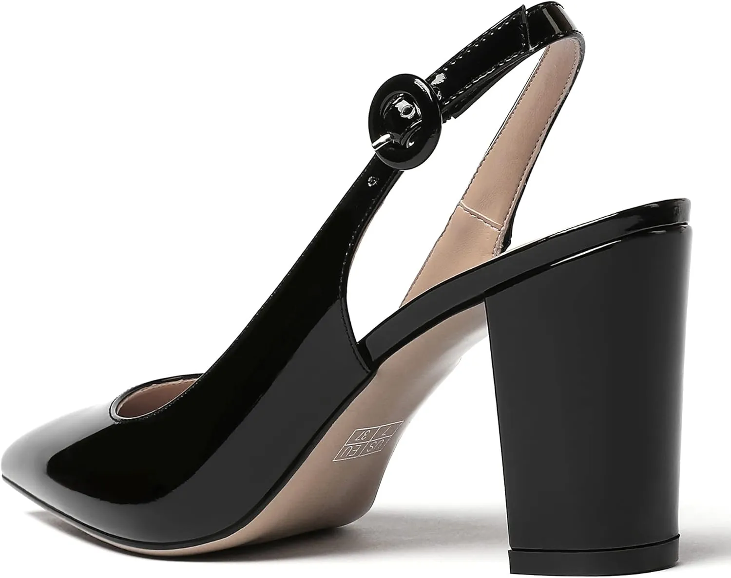 WAYDERNS Women's Thick Patent Solid Pointed Toe Slingback Buckle Ankle Strap Block High Heel Pumps Shoes 3 Inch