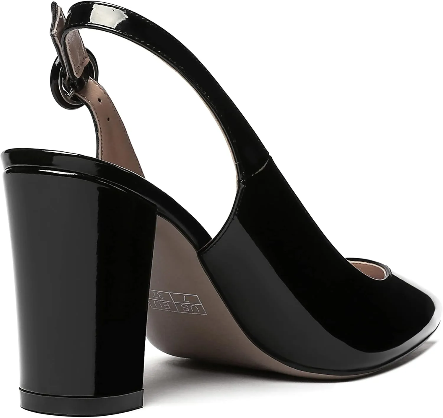WAYDERNS Women's Thick Patent Solid Pointed Toe Slingback Buckle Ankle Strap Block High Heel Pumps Shoes 3 Inch