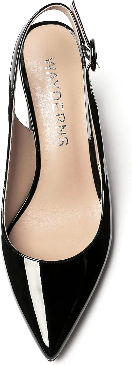 WAYDERNS Women's Thick Patent Solid Pointed Toe Slingback Buckle Ankle Strap Block High Heel Pumps Shoes 3 Inch