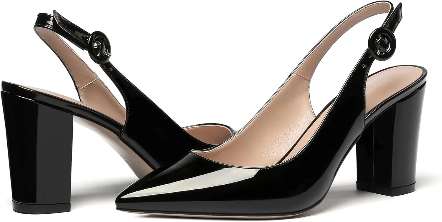 WAYDERNS Women's Thick Patent Solid Pointed Toe Slingback Buckle Ankle Strap Block High Heel Pumps Shoes 3 Inch