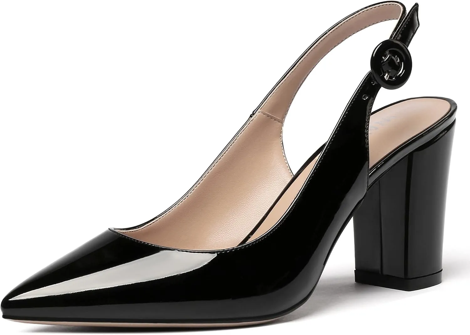 WAYDERNS Women's Thick Patent Solid Pointed Toe Slingback Buckle Ankle Strap Block High Heel Pumps Shoes 3 Inch