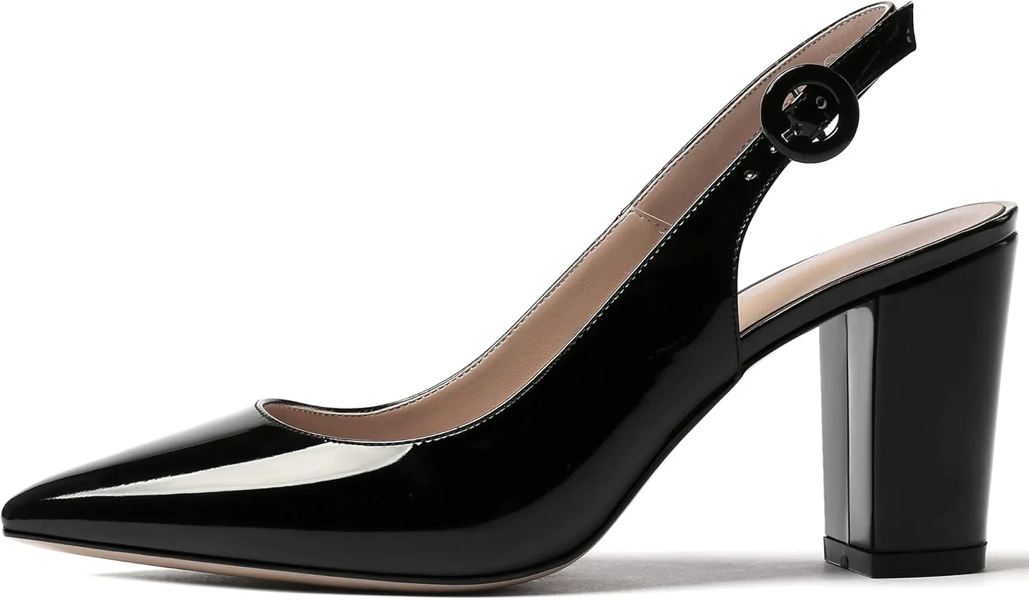 WAYDERNS Women's Thick Patent Solid Pointed Toe Slingback Buckle Ankle Strap Block High Heel Pumps Shoes 3 Inch