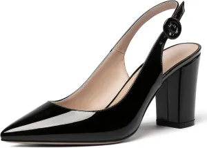 WAYDERNS Women's Thick Patent Solid Pointed Toe Slingback Buckle Ankle Strap Block High Heel Pumps Shoes 3 Inch