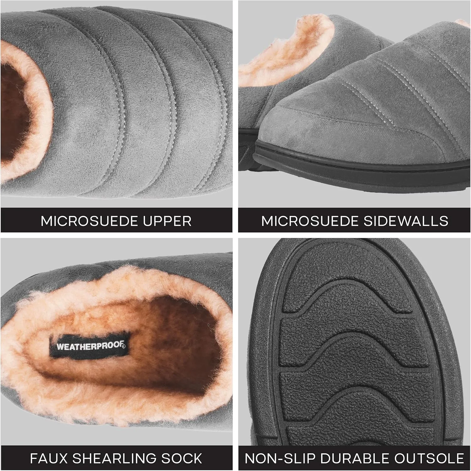 Weatherproof Microsuede Puffer Clog Memory Foam Slippers for Men, Cozy Lightweight Indoor Outdoor Slippers with Faux Shearling Sock