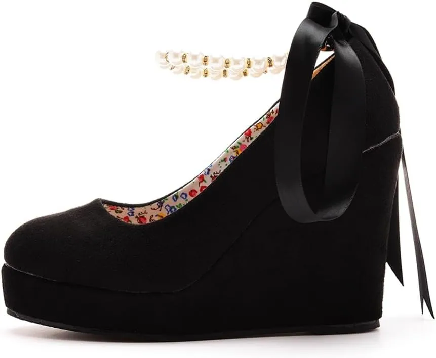 Wedge Mary Janes for Women Platform Mary Janes Suede Closed Toe Ankle Strap Lolita Shoes 4.3" Heel Cute Shoes