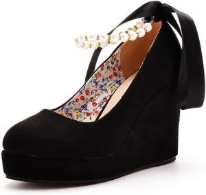 Wedge Mary Janes for Women Platform Mary Janes Suede Closed Toe Ankle Strap Lolita Shoes 4.3" Heel Cute Shoes