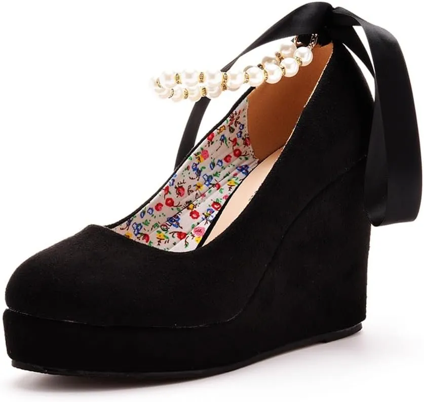 Wedge Mary Janes for Women Platform Mary Janes Suede Closed Toe Ankle Strap Lolita Shoes 4.3" Heel Cute Shoes