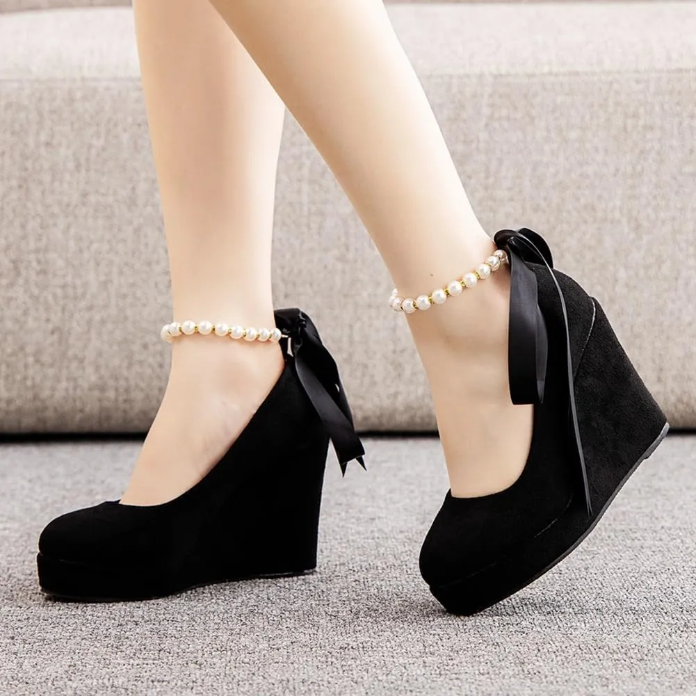 Wedge Mary Janes for Women Platform Mary Janes Suede Closed Toe Ankle Strap Lolita Shoes 4.3" Heel Cute Shoes