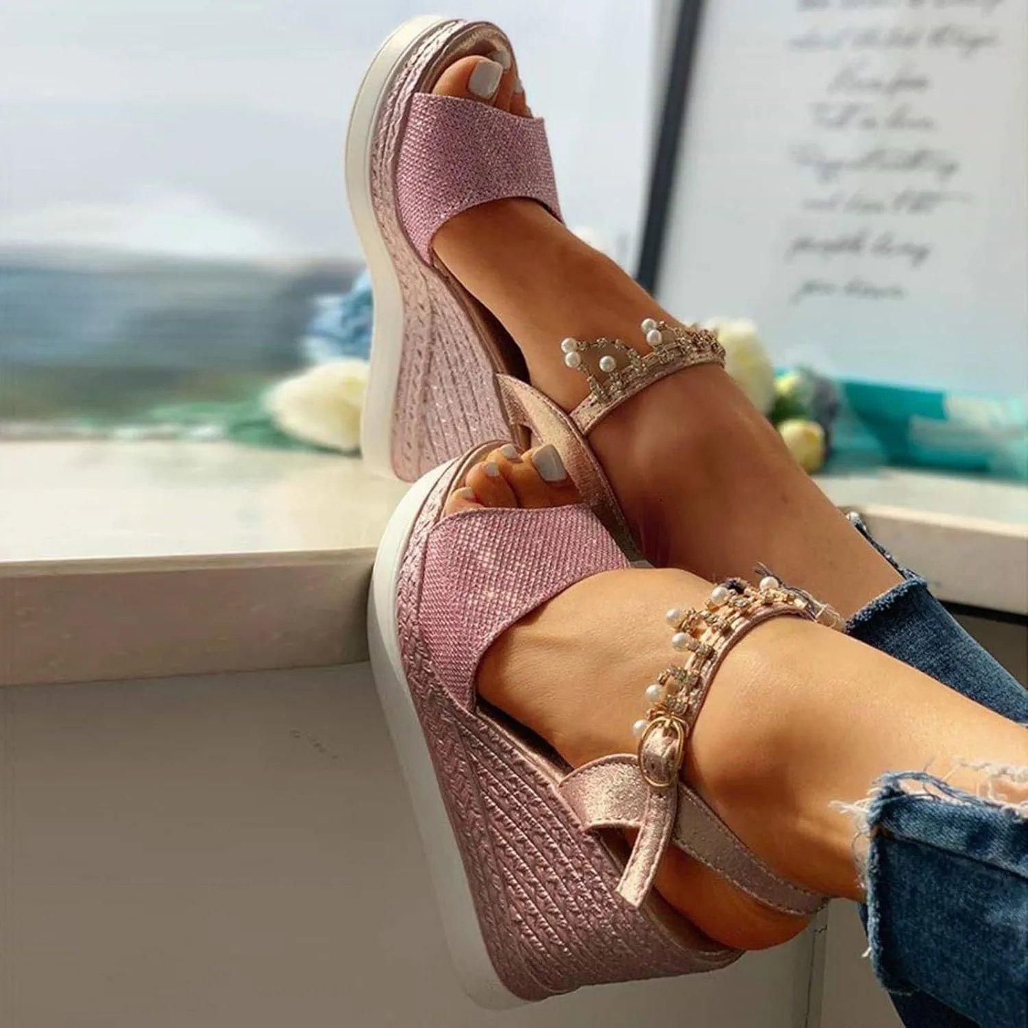 Wedge Sandals for Women Slingback Wedges Open Toe Wide Width Fishmouth Espadrille High Heels Sandals Dressy Summer Beach Platform Ankle Buckle Rhinestone Pearl Sandal Wedding Trendy Shoes