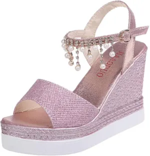 Wedge Sandals for Women Slingback Wedges Open Toe Wide Width Fishmouth Espadrille High Heels Sandals Dressy Summer Beach Platform Ankle Buckle Rhinestone Pearl Sandal Wedding Trendy Shoes