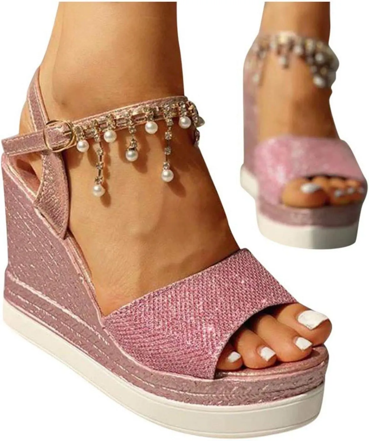 Wedge Sandals for Women Slingback Wedges Open Toe Wide Width Fishmouth Espadrille High Heels Sandals Dressy Summer Beach Platform Ankle Buckle Rhinestone Pearl Sandal Wedding Trendy Shoes