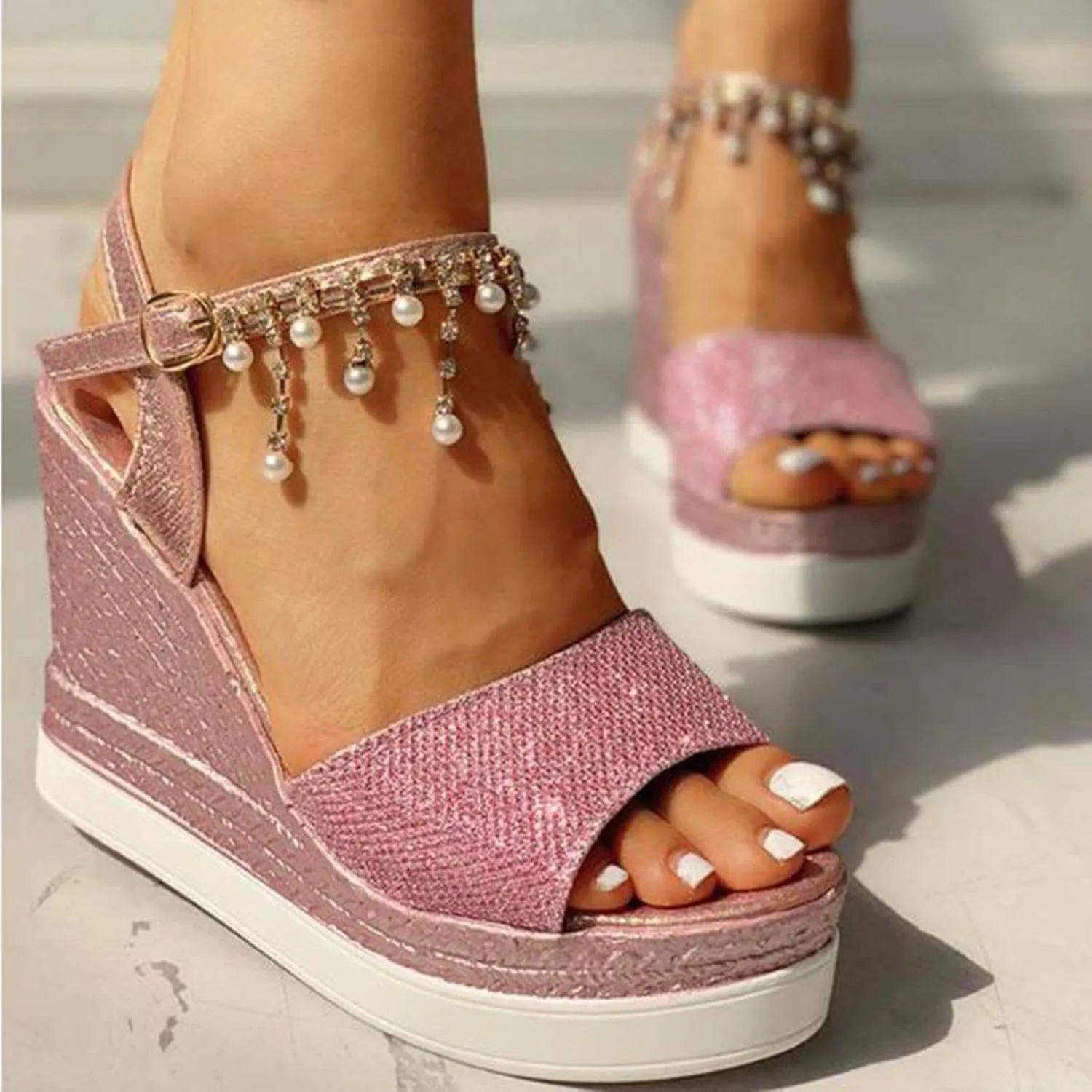 Wedge Sandals for Women Slingback Wedges Open Toe Wide Width Fishmouth Espadrille High Heels Sandals Dressy Summer Beach Platform Ankle Buckle Rhinestone Pearl Sandal Wedding Trendy Shoes
